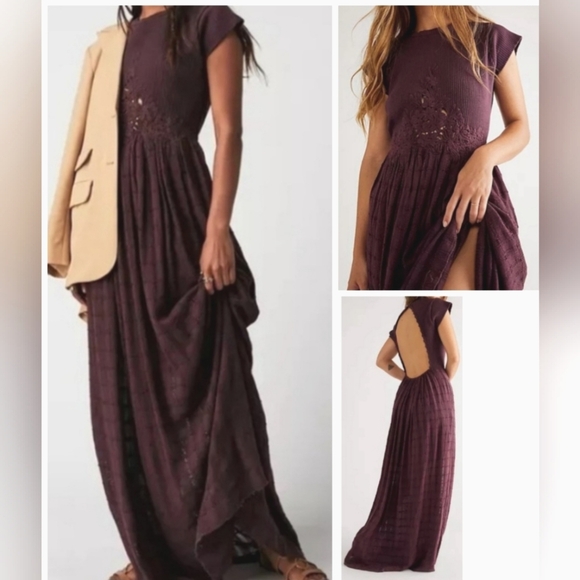 Free People Dresses & Skirts - Free People Serenity Maxi Dress Mulberry Cut Out Open Back Crochet Gauze